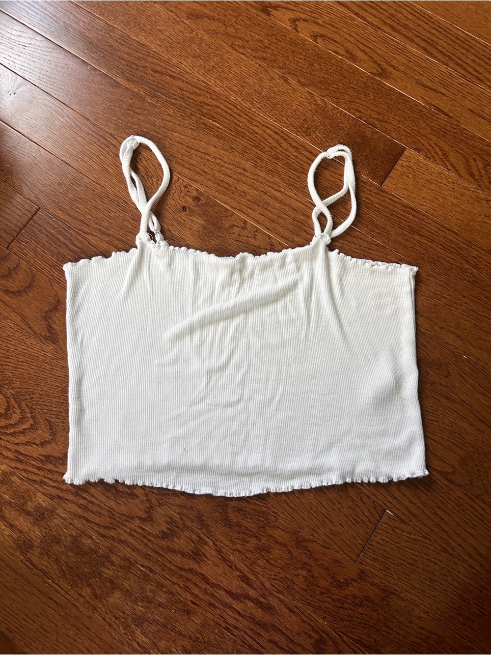 Garage White Ribbed Cropped Cami with Lettuce-Edge Trim